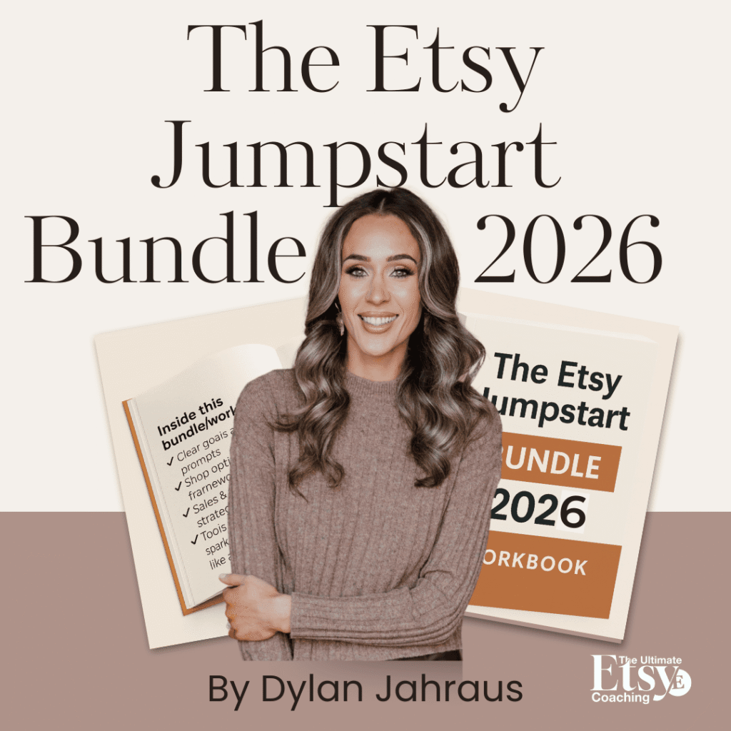 Dylan Jahraus $9 Etsy Jumpstart Bundle inside the Circle community showing free product ideas cheat sheet, traffic plan, and resources for Etsy sellers